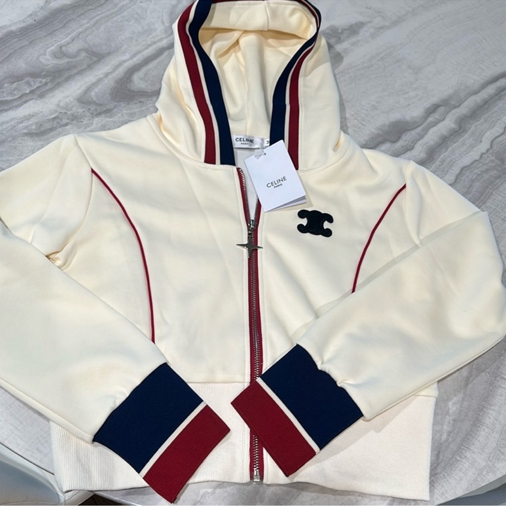 Celine Cream Hoodie with Red and Blue Accents 
Sold as a Set